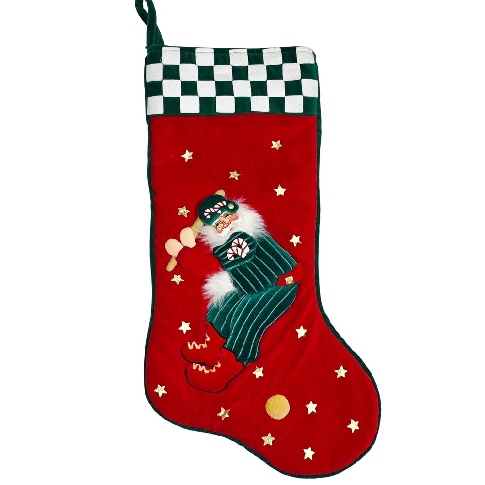 Christmas Stocking Santa Claus Baseball Player Red Green Velvet Holiday 1999‎